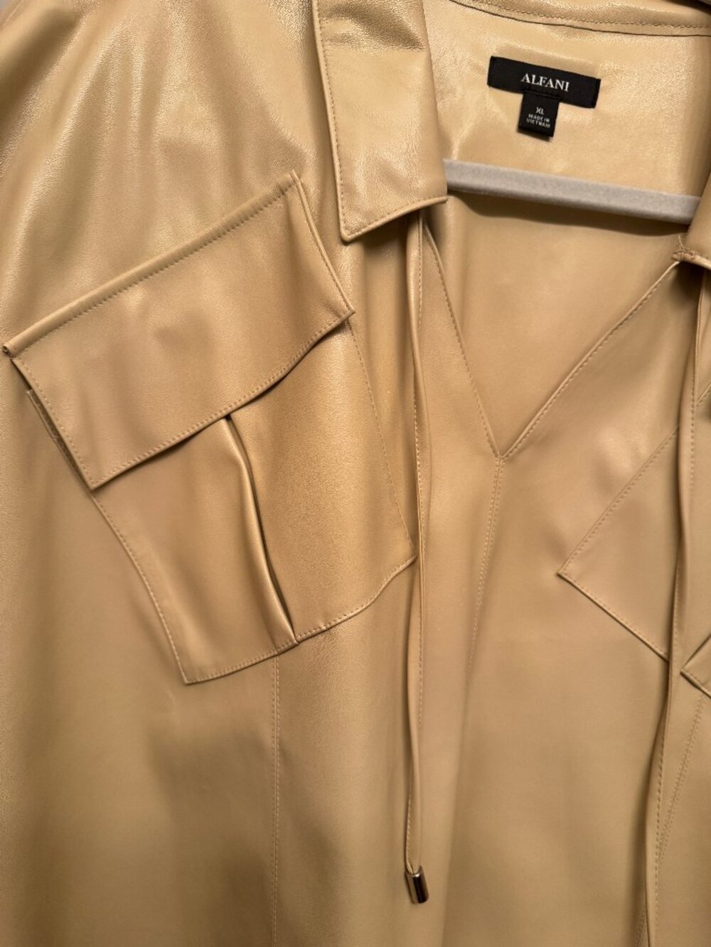 Alfani Faux Leather Blouse XL Light Beige Tan Utility Top 3/4 Sleeve - Picture 6 of 6